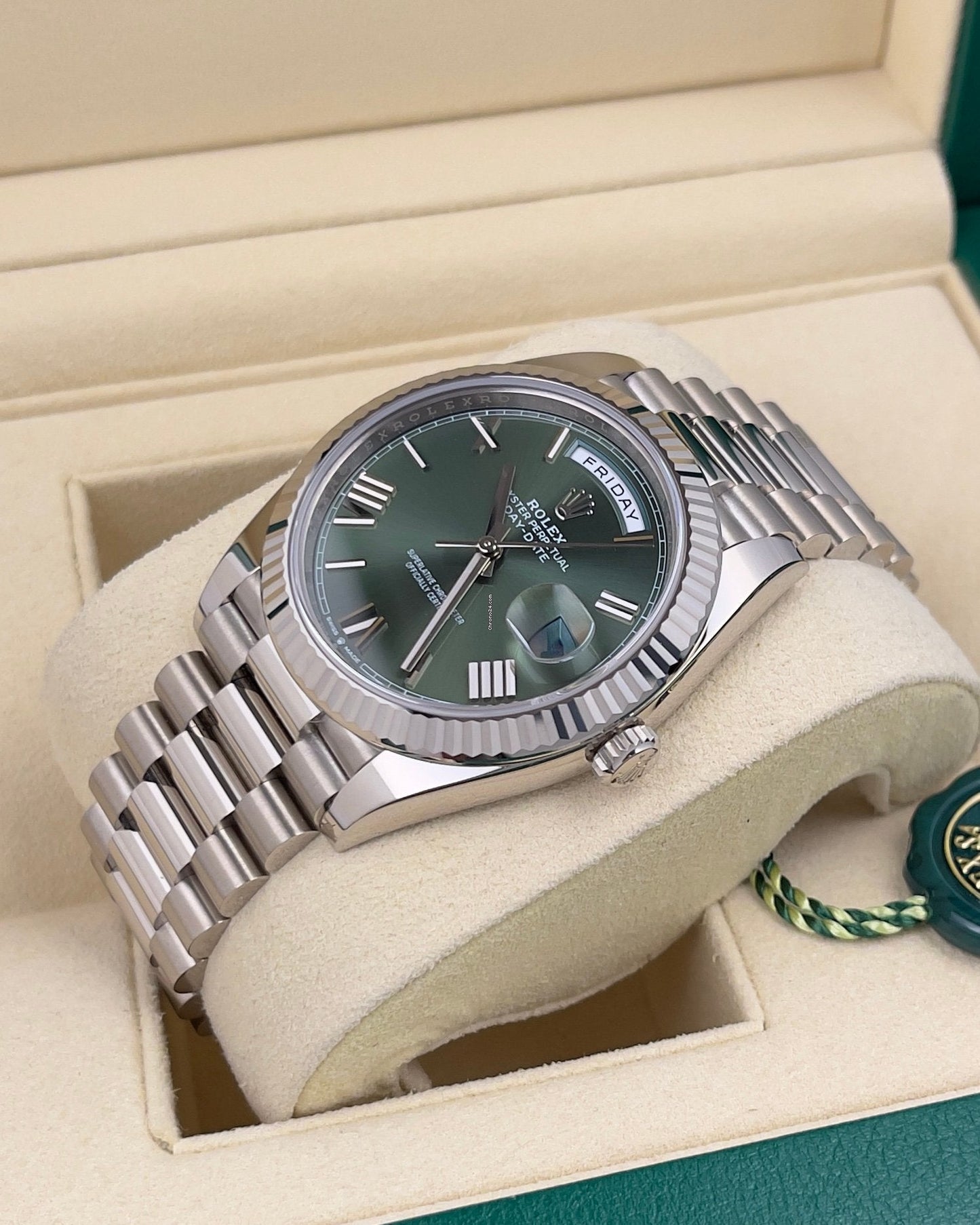 Rolex Day-Date 40 White Gold Olive Green Roman Dial Fluted