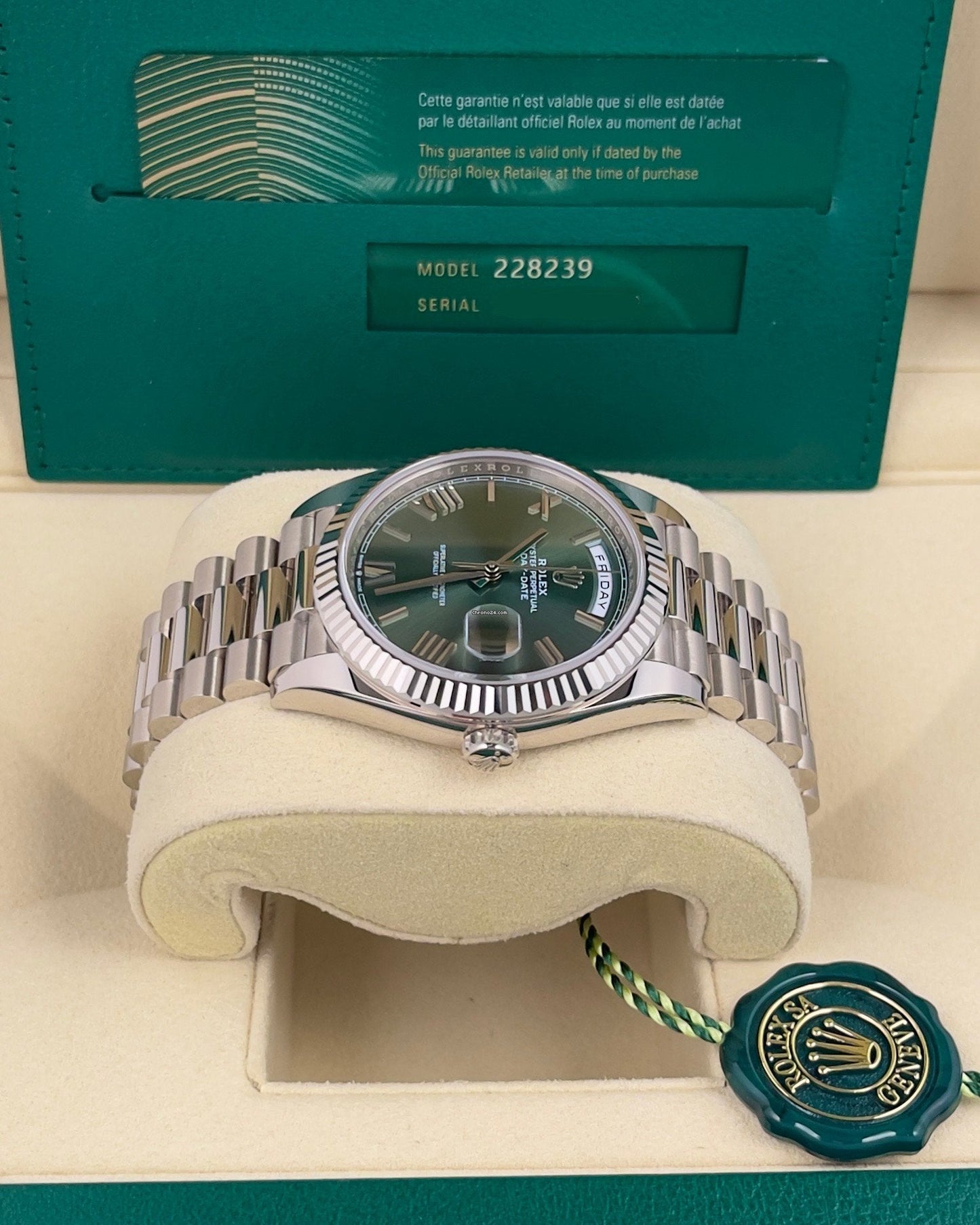 Rolex Day-Date 40 White Gold Olive Green Roman Dial Fluted