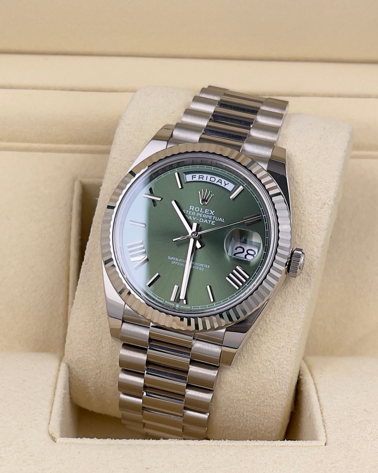 Rolex Day-Date 40 White Gold Olive Green Roman Dial Fluted