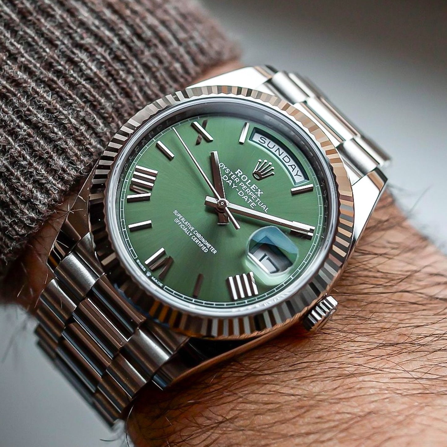 Rolex Day-Date 40 White Gold Olive Green Roman Dial Fluted