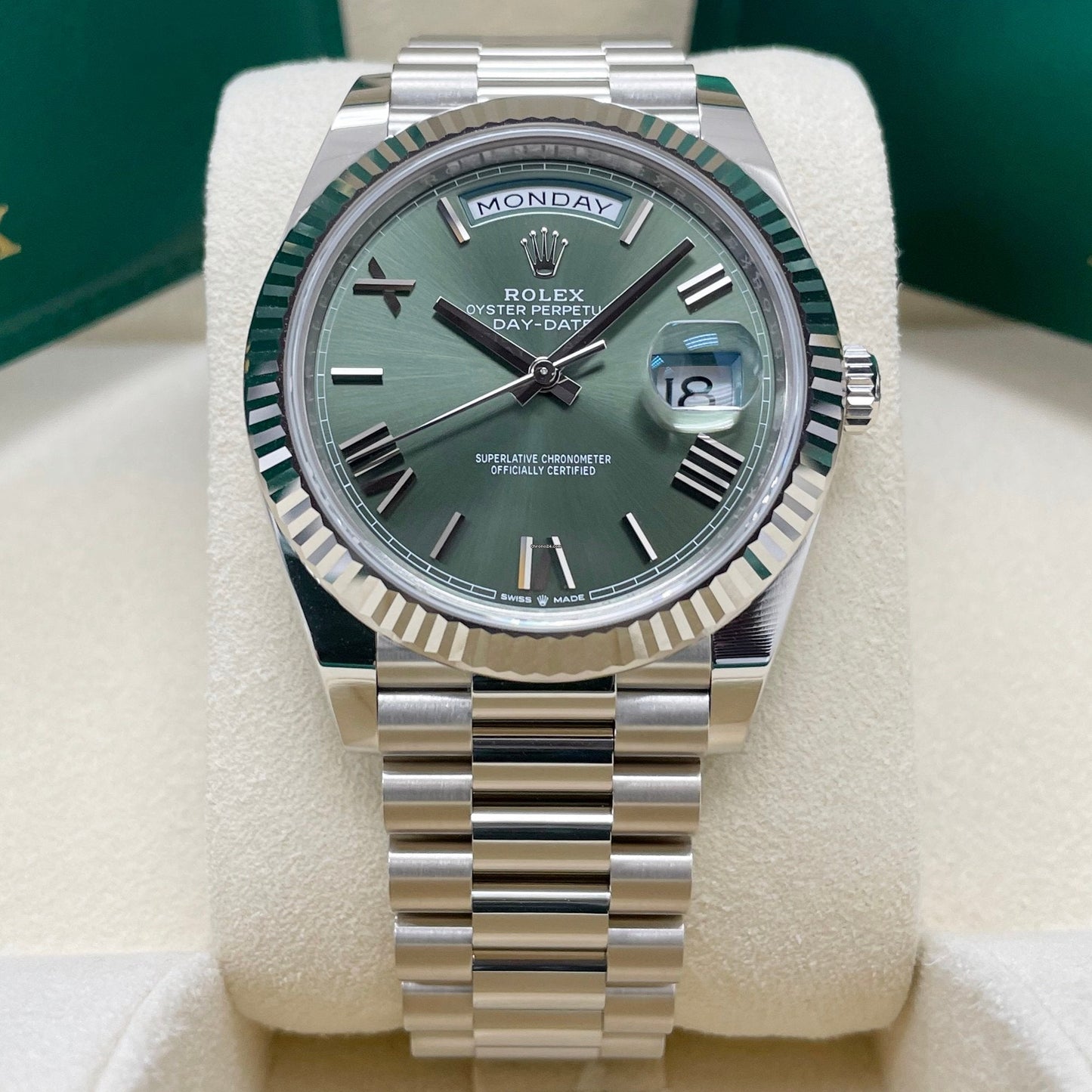 Rolex Day-Date 40 White Gold Olive Green Roman Dial Fluted