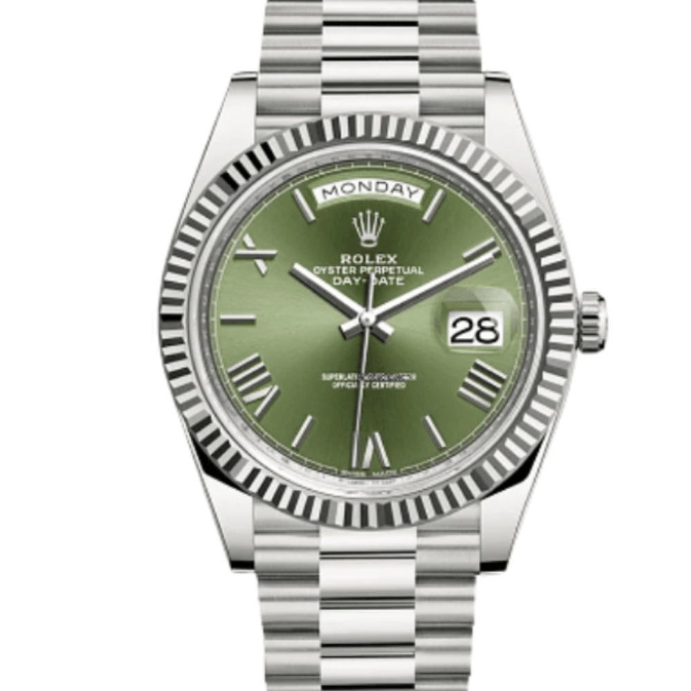 Rolex Day-Date 40 White Gold Olive Green Roman Dial Fluted